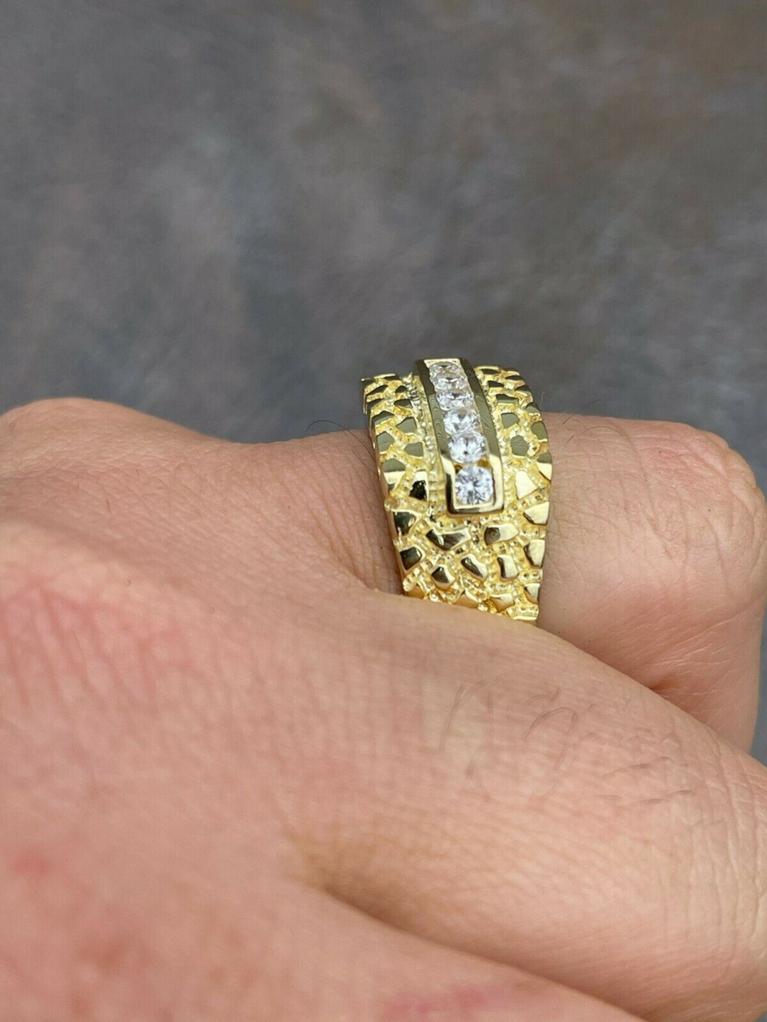 Men's 14k Gold Over Real Solid Sterling Silver Iced Diamond Nugget Ring ...