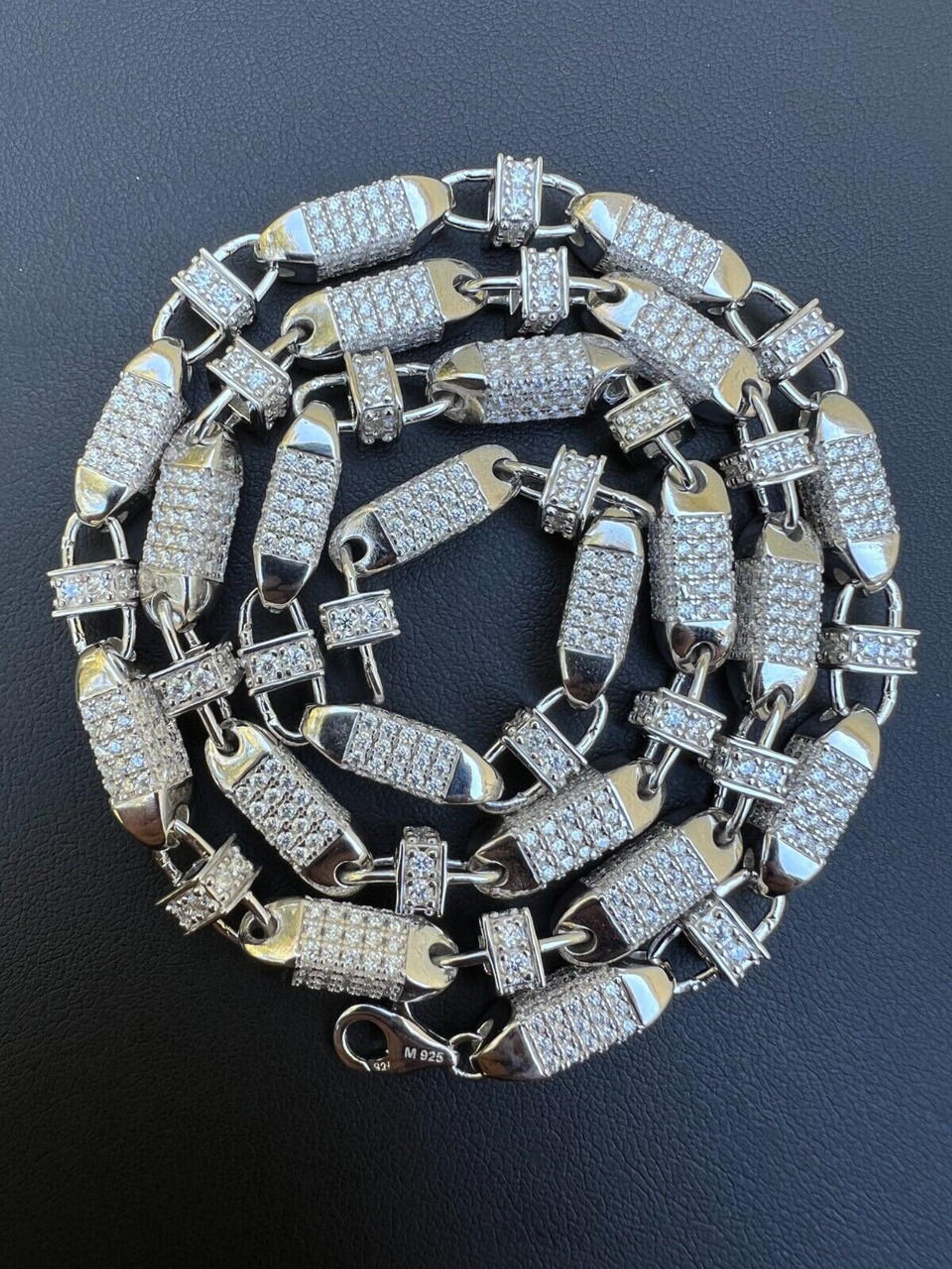 MOISSANITE Men's Bullet Chain Real 925 Silver Iced Flooded Out Hip Hop Necklace