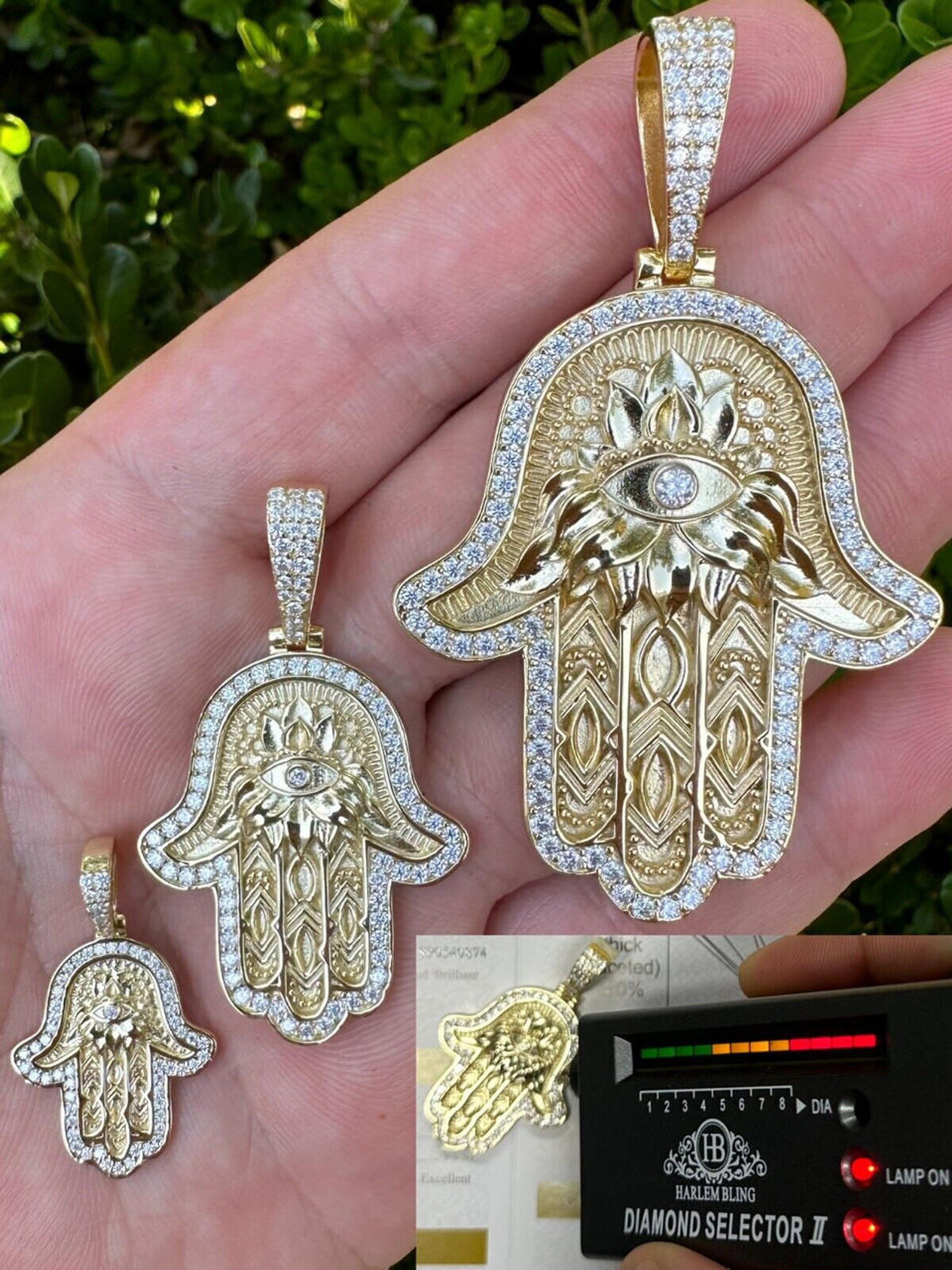 Real 14k Gold & 925 Sterling Silver Hamsa Evil Eye Hand Iced MOISSANITE