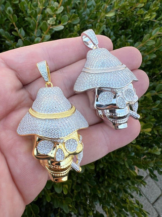 MOISSANITE Real Silver / Gold Skull In Fedora Hat Smoking Iced Necklace ...