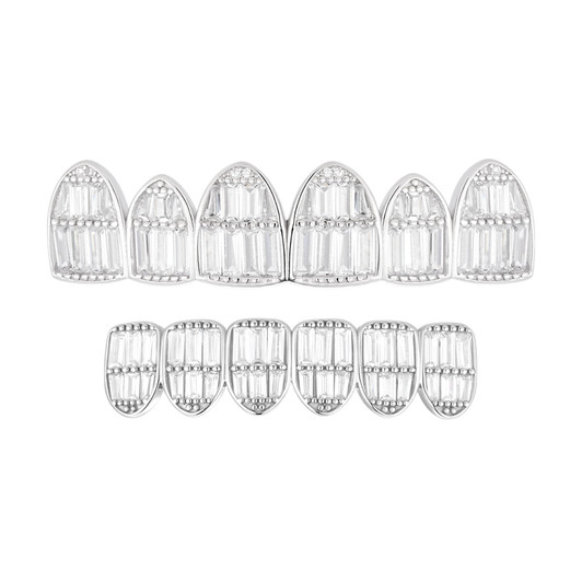 6 Teeth Top, Bottom, Or Set Iced Out Grillz - Baguette CZ Stones - 925 Silver