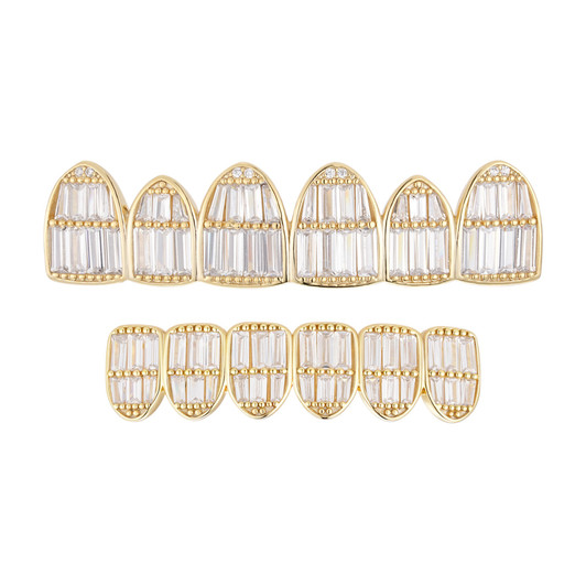  6 Teeth Top, Bottom, Or Set Iced Out Grillz - Baguette CZ Stones - 14k Gold Vermeil 925 Silver