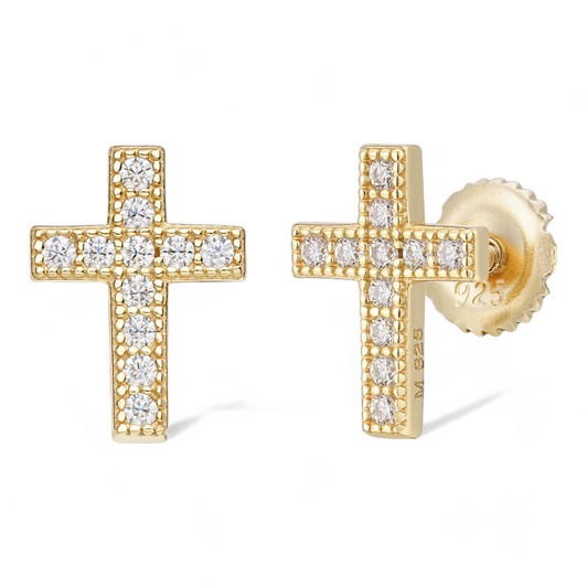 Real 925 Sterling Silver 14k Gold Finish Men Ladies Cross Earrings Studs Iced CZ