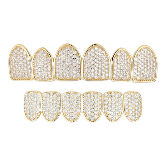 6 Teeth Top, Bottom, Or Set Iced Out Grillz - CZ Stones - 14k Gold Vermeil 925 Silver