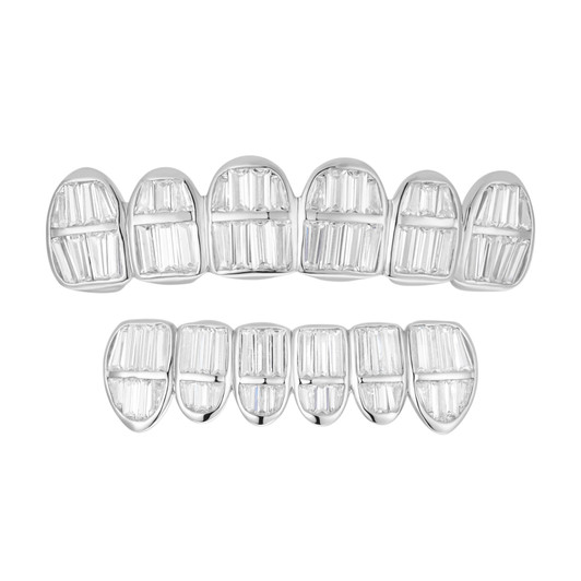 6 Teeth Top, Bottom, Or Set Iced Out Modern Grillz - Baguette CZ Stones - 925 Silver