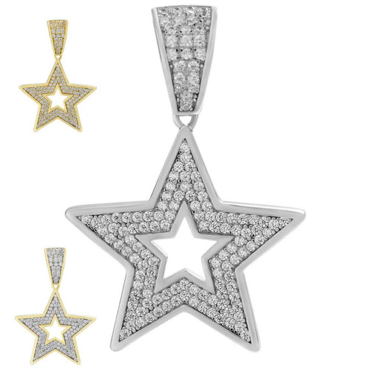 Real Solid 925 Silver Super STAR Pendant Hip Hop Iced Icy Diamond 14k Gold SHINY