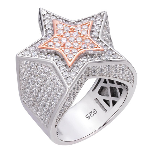 ダブル ネーム ラップ リング ☆GOLD☆S925 Men's Hip Hop 3D STAR Solid 14k Gold & 925 Silver Diamond