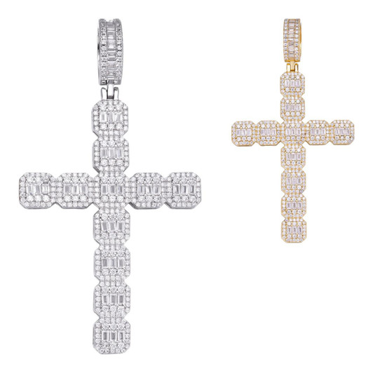 Mens 925 Sterling Baguette Diamond Cross W. King Crown Mens 925 Sterling Baguette Diamond Cross W. King Crown