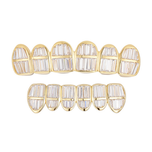 6 Teeth Top, Bottom, Or Set Iced Out Modern Grillz - Baguette CZ Stones - 14k Gold Vermeil 925 Silver