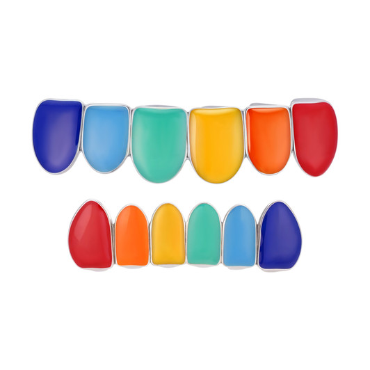 6 Teeth Top, Bottom, Or Set Grillz - Rainbow Enamel - 925 Silver