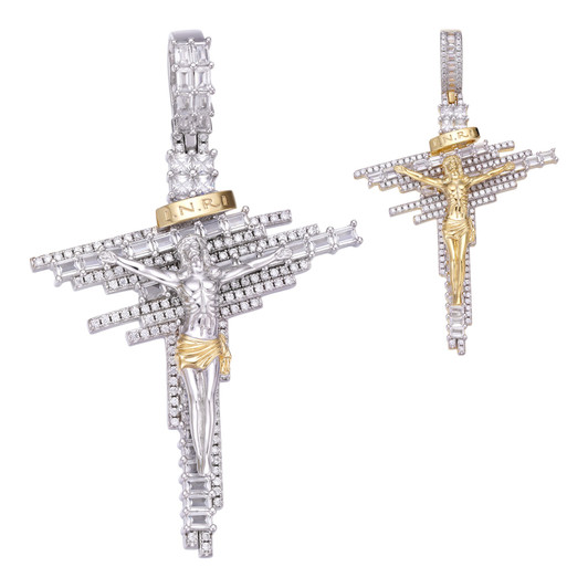 Baguette Crucifix Jesus Cross Iced Pendant - 14k Gold Vermeil Or 925 Silver - CZ Stones - Large 2.5"