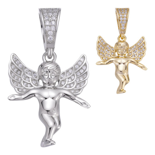 Micro Iced Guardian Winged Angel Pendant - 14k Gold Vermeil Or 925 Silver - CZ Stones - Small 1"