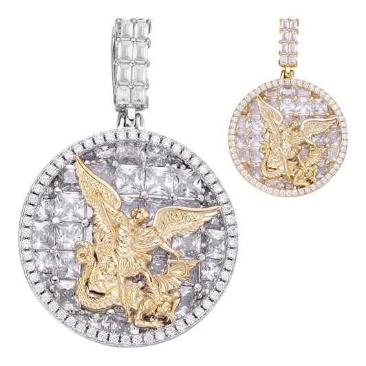 St Michael Archangel Medallion Pendant - 14k Gold Vermeil Or 925 Silver - CZ Stones - Medium 1.75"