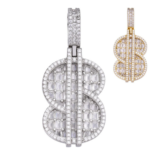 HarlemBling Dollar Sign Pendant Baguette Pendant - 14k Gold Vermeil Or 925 Silver - CZ Stones - Small 1.5" HarlemBling Dollar Sign Pendant Baguette Pendant - 14k Gold Vermeil Or 925 Silver - CZ Stones - Small 1.5"