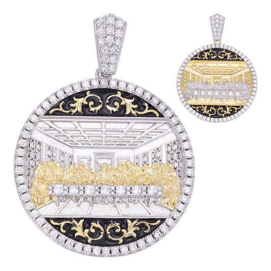 Jesus Last Supper Coin Medallion Pendant - 14k Gold Vermeil Or 925 Silver - CZ Stones - Large 2"