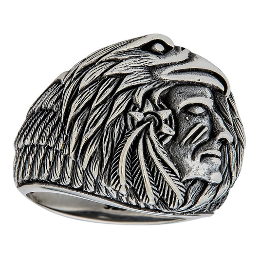 Indian Chief W. Eagle Headdress Ring - 925 Silver Oxidized - Plain