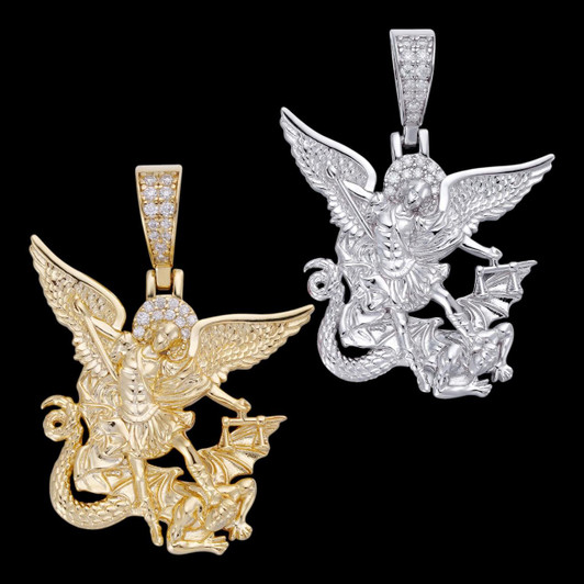 HarlemBling 0.17ct Real DIAMOND Saint Michael Archangel Slaying Dragon Pendant - 14k Yellow Or White Gold - Small 1.33"