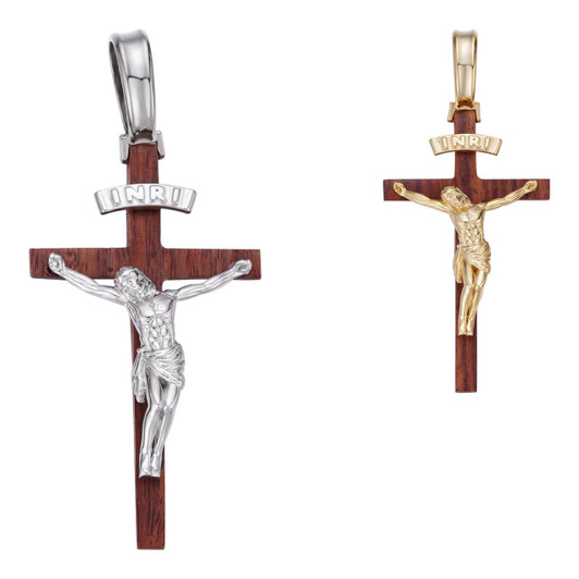 HarlemBling Red Cherry Walnut Wood PlainJesus Cross Pendant - 14k Gold Vermeil Or 925 Silver - Large 2.5" 