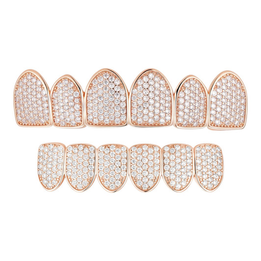 14k Rose Gold Plated Real 925 Sterling Silver CZ GRILLZ Teeth Top Bottom HipHop Imported from eBay HarlemBling