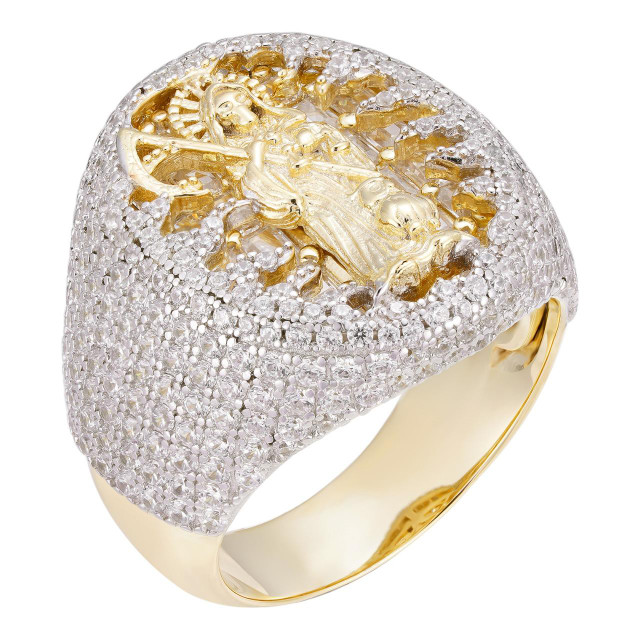 Grim Reaper Santa Muerte Men's Ring - Solid 925 Sterling Silver With 14k Yellow Gold Finish, Diamond Cut Icy Design, Sizes 6-13 - View #9