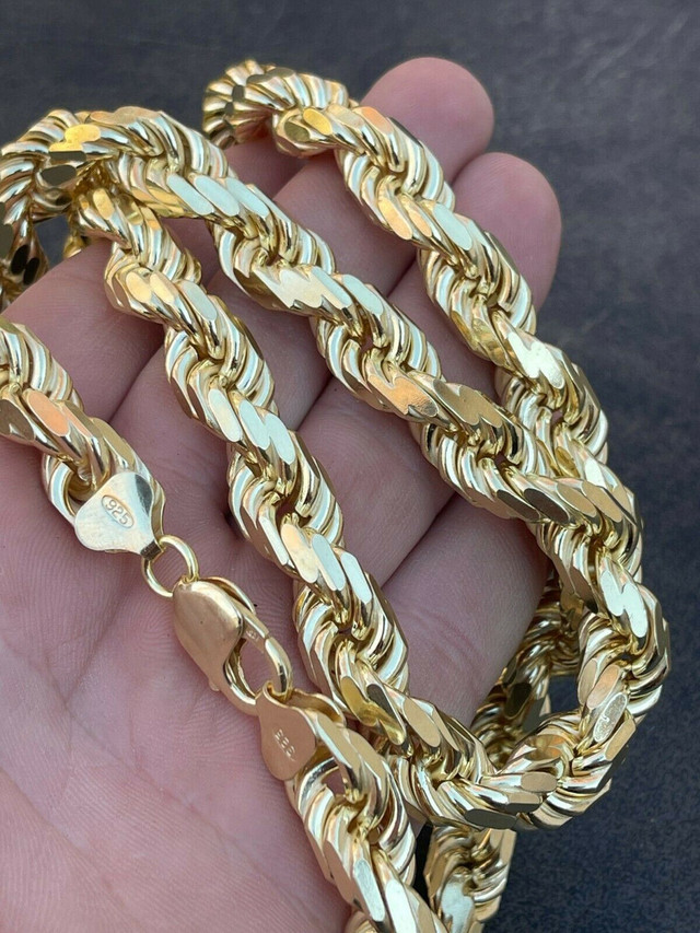 11mm Thick Mens Rope Chain 14k Gold Over Real Solid 925 Sterling Silver ...
