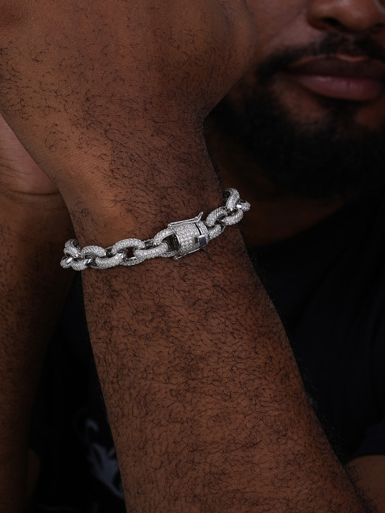 Rolo Hermes Link Bracelet Iced Out CZ Stones - 925 Silver - 12.5mm - 8.5"