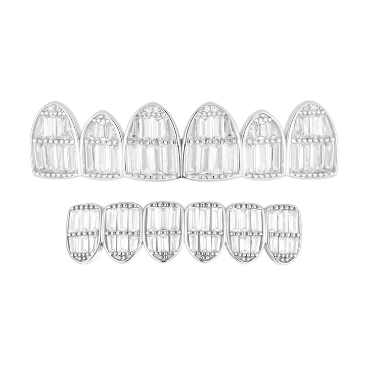 6 Teeth Top, Bottom, Or Set Iced Out Grillz - Baguette CZ Stones - 925 Silver