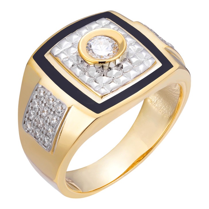 Solitaire Iced Out W. Black Accent - 14k Gold Vermeil 925 Silver Two Tone - CZ Stones