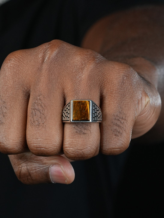 Classic Brick Road Ring - 925 Silver Oxidized - Genuine Tiger's Eye Stone