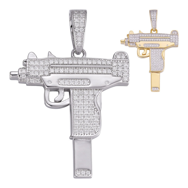 Uzi Gun Hip Hop Pendant - 14k Gold Vermeil Or 925 Silver - CZ Stones - Small 1.5"