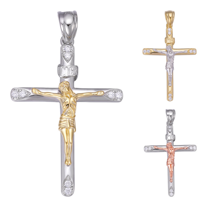 Cross W. Jesus Pendant - 14k Yellow/Rose Gold Vermeil Or 925 Silver - CZ Stones - Medium 2"