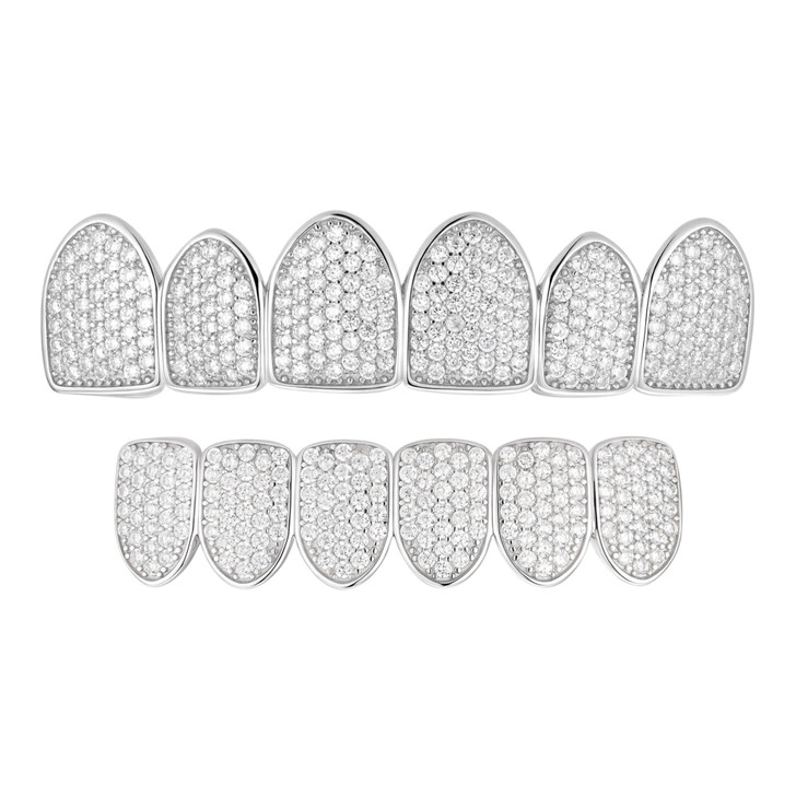 6 Teeth Top, Bottom, Or Set Iced Out Grillz - CZ Stones - 925 Silver