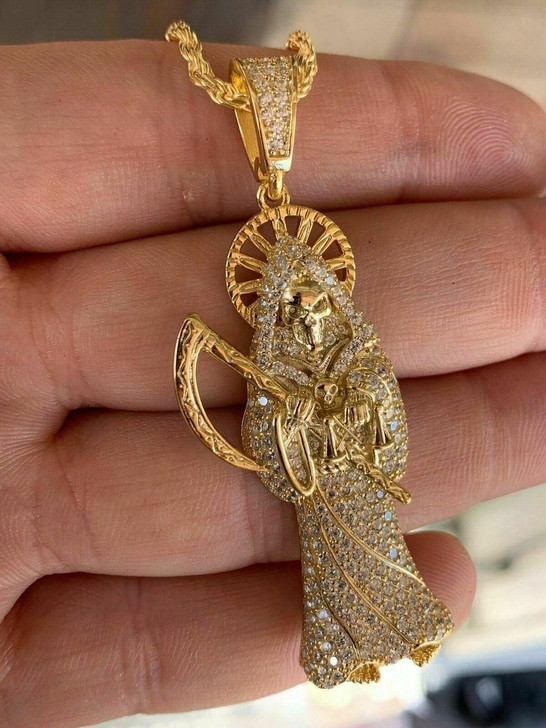 HarlemBling Mens Solid 925 Sterling Silver Fully Iced Santa Muerte Grim Reaper Death Pendant