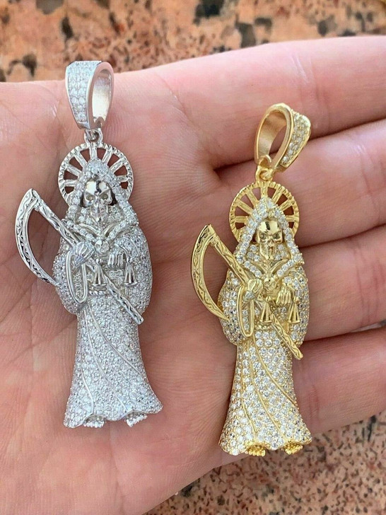 Kette Herren 925 Silber Ring Mädchen Massiver 925er Sterlingsilber Ring Vergoldet – Mit Grimmigem Sensensenmann/Santa Muerte & CZ Skull Ring Gold