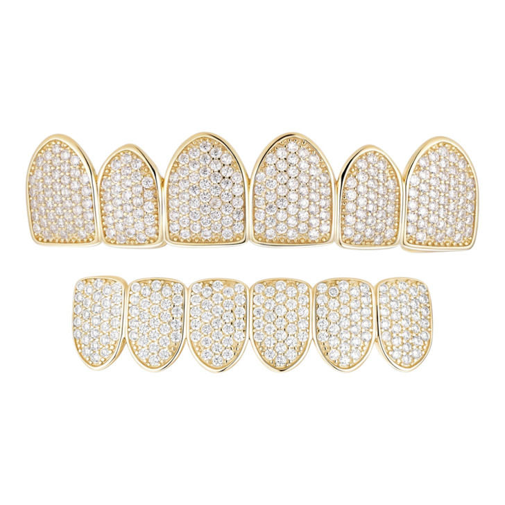 6 Teeth Top, Bottom, Or Set Iced Out Grillz - CZ Stones - 14k Gold Vermeil 925 Silver