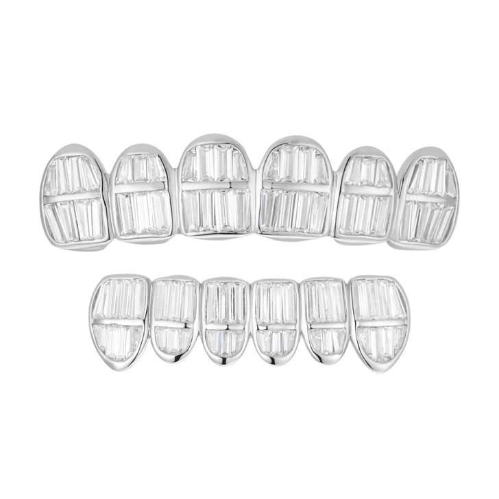 6 Teeth Top, Bottom, Or Set Iced Out Modern Grillz - Baguette CZ Stones - 925 Silver