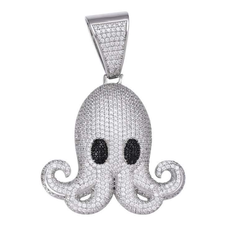 Octopus Emoji Pendant - 925 Silver - CZ Stones - Large 2.25"