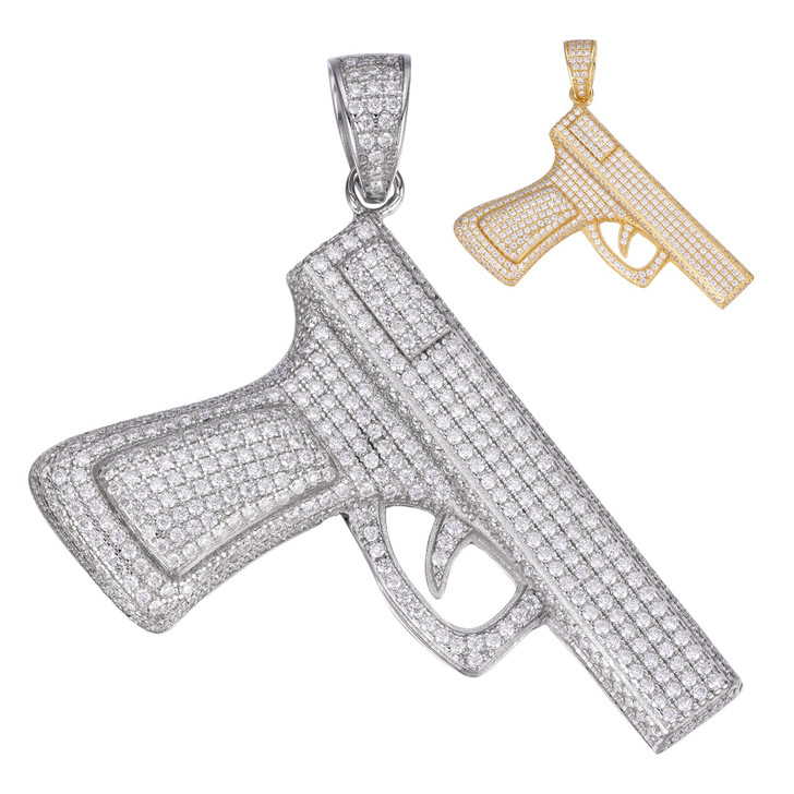 Iced Out Gun Pistol Pendant - 14k Gold Vermeil Or 925 Silver - CZ Stones - Medium 2"