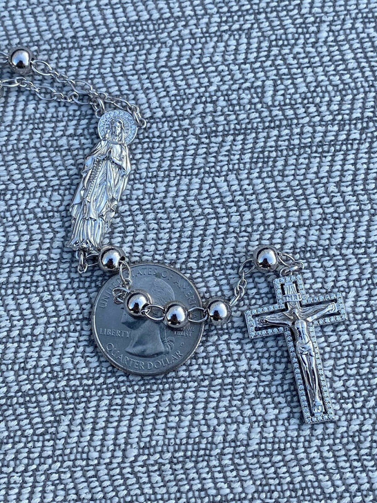 Men's 24" Stainless Steel Beaded Rosary Necklace With Virgin Mary & Jesus Cross - Gift Boxed