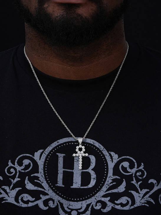 Ankh Tennis Iced Out Cross Pendant - 14k Yellow Gold Vermeil Or 925 Silver - CZ Stones - Medium 2"