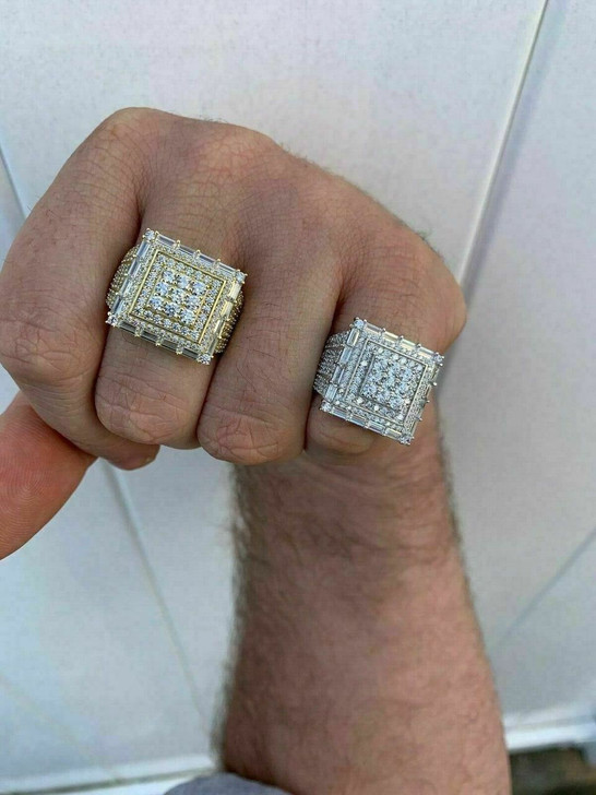 HarlemBling Men 14k Gold Sterling Silver Baguette Diamond Square Flooded Out Icy Pinky RING