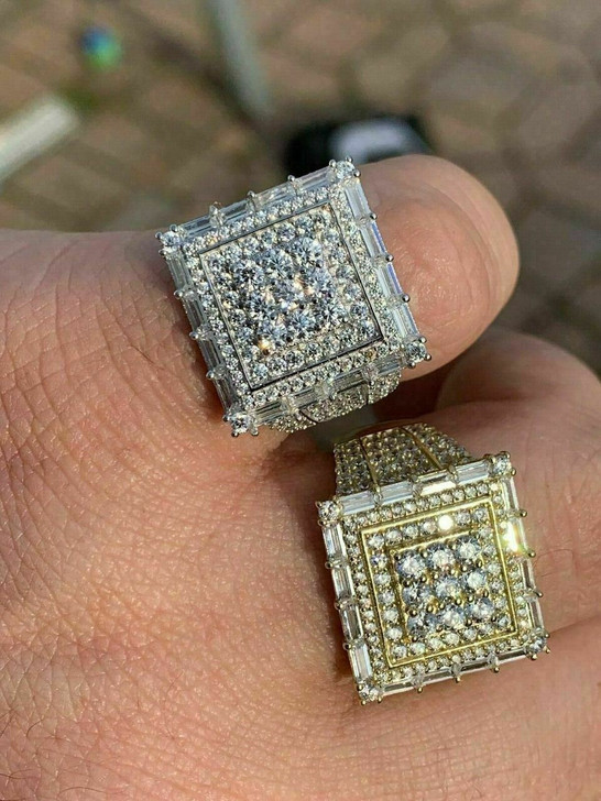 HarlemBling Men 14k Gold Sterling Silver Baguette Diamond Square Flooded Out Icy Pinky RING