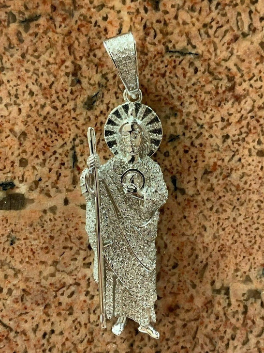 HarlemBling Mens Solid 925 Sterling Silver St Jude San Judas Tadeo Iced Pendant Real Icy