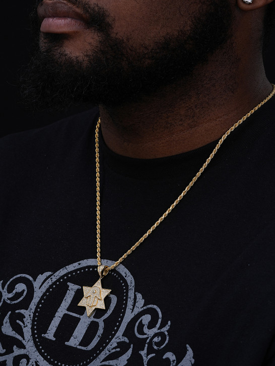 Magen Star Of David W. Hamsa Pendant - 14k Gold Vermeil or 925 Silver - CZ Stones - Medium 1.75"
