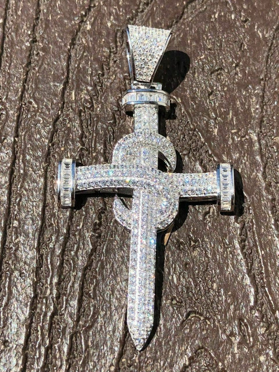 HarlemBling Mens Solid 925 Silver Real Iced 3ct Diamond Nail Cross LARGE 2 Pendant 14k Gold