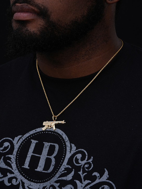 AK-47 Machine Gun Pendant - 14k Gold Vermeil Or 925 Silver - CZ Stones - Small 1.5"