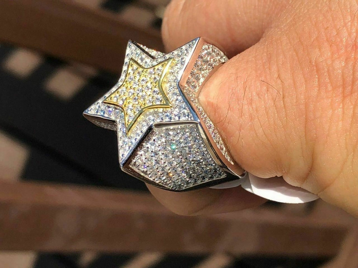 Echter Herren Hip Hop 3D STERN Vergoldet 925 Silber CZ Pinky RING