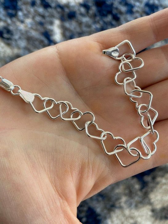 HarlemBling Real SOLID 925 Sterling Silver Heart Shaped Charm Link Ladies Bracelet 10mm Wide
