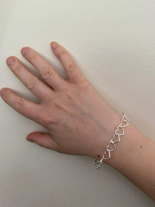 HarlemBling Real SOLID 925 Sterling Silver Heart Shaped Charm Link Ladies Bracelet 10mm Wide