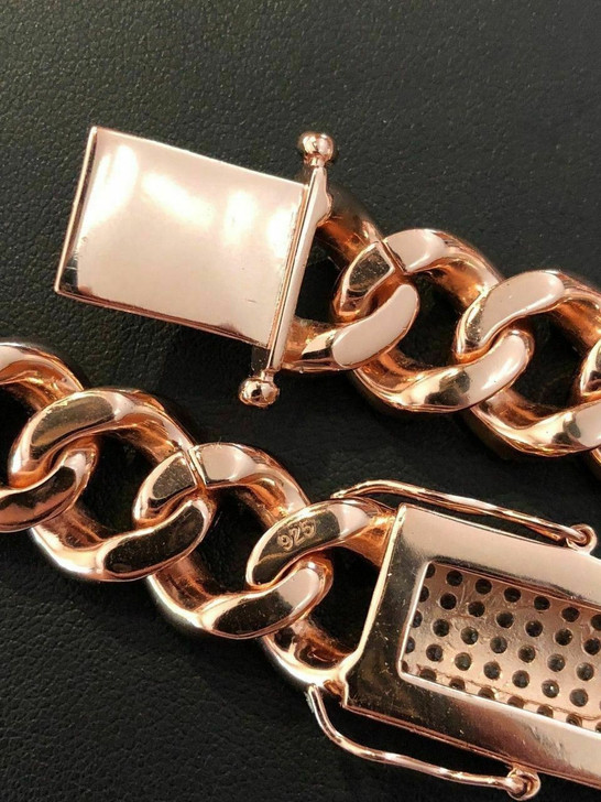 HarlemBling Mens Miami Cuban Link 15mm Chain 14k Rose Gold Over Solid 925 Silver Diamond ICY